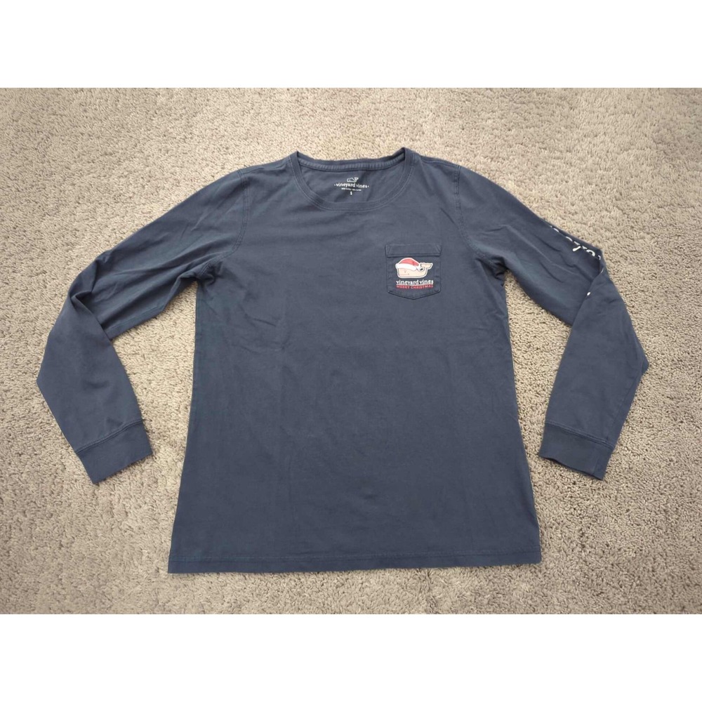 Vineyard Vines‎ T Shirt Mens Small Blue Long Sleeve Whale Santa Merry Christmas